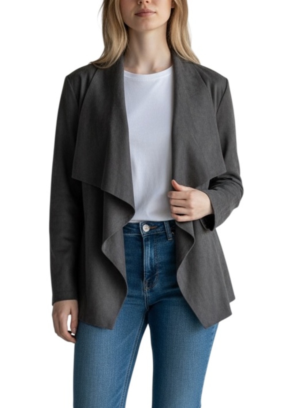 Lord & Taylor Draped Open Front Suede Jacket Gray